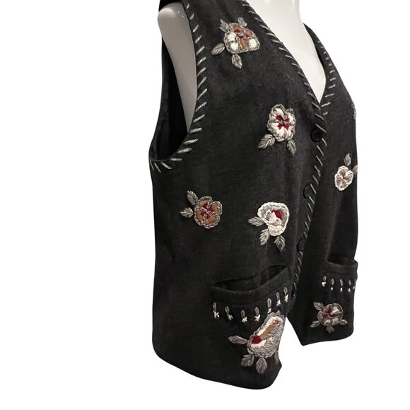 Together Vintage Wool Embroidered Button Vest, Pockets, Gray, XL - Picture 9 of 10